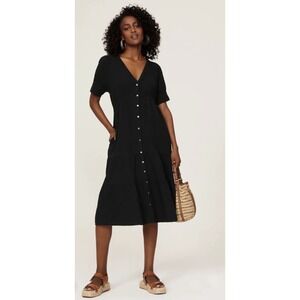 Madewell Lightspun Button Front Cotton Gauze Midi Dress Tiered Black SZ 6